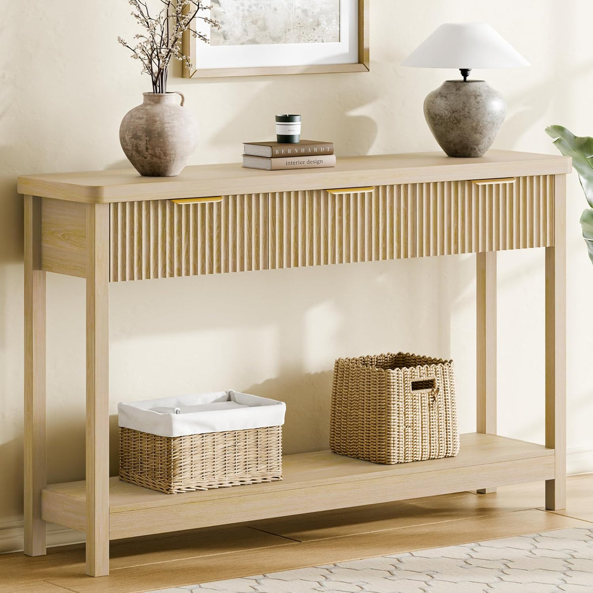 Lulive 51" Fluted Console Table for Entryway, Entryway Table with 3 Wooden Drawers, Farmhouse
