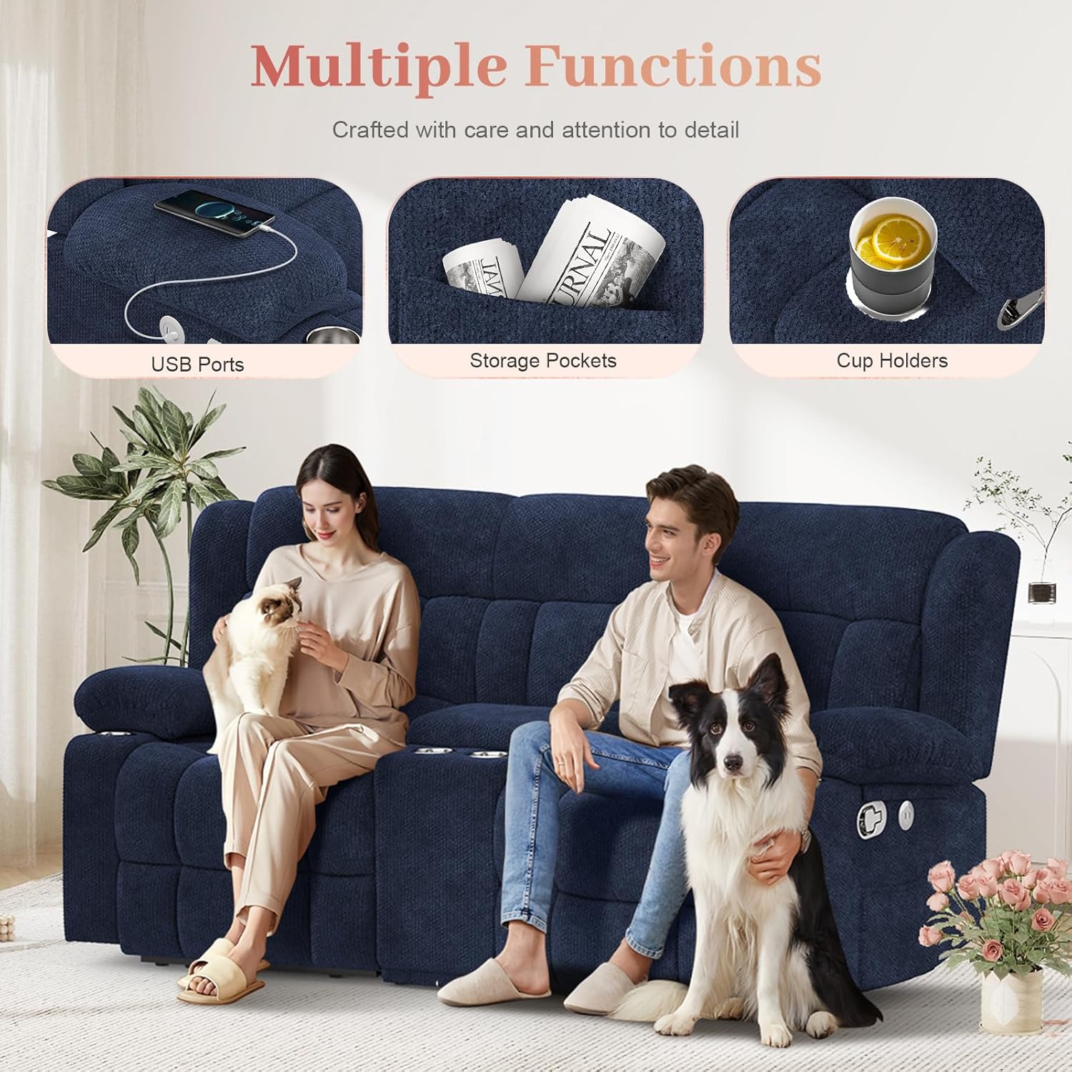 Recliner Sofa Set with 2+1+1 Pieces, Fabric Manual Pull Tab Reclining Loveseat with Storage