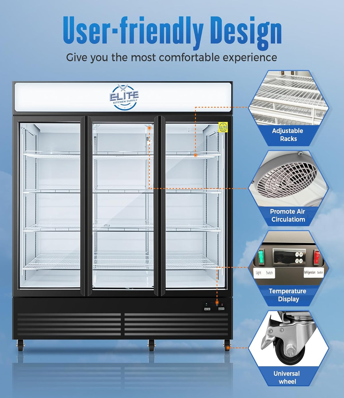 Commercial 3-Door Display Refrigerator, 49.8 cu.ft, LED Lighting, Dynamic Cooling, ETL Listed