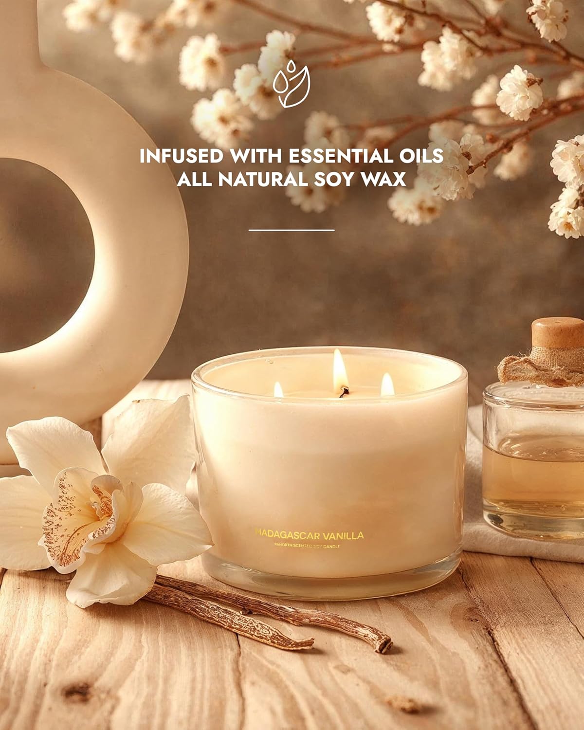 96NORTH Luxury Vanilla Soy Candles | Large 3 Wick Jar Candle | Up to 50 Hours Burning Time | 100%