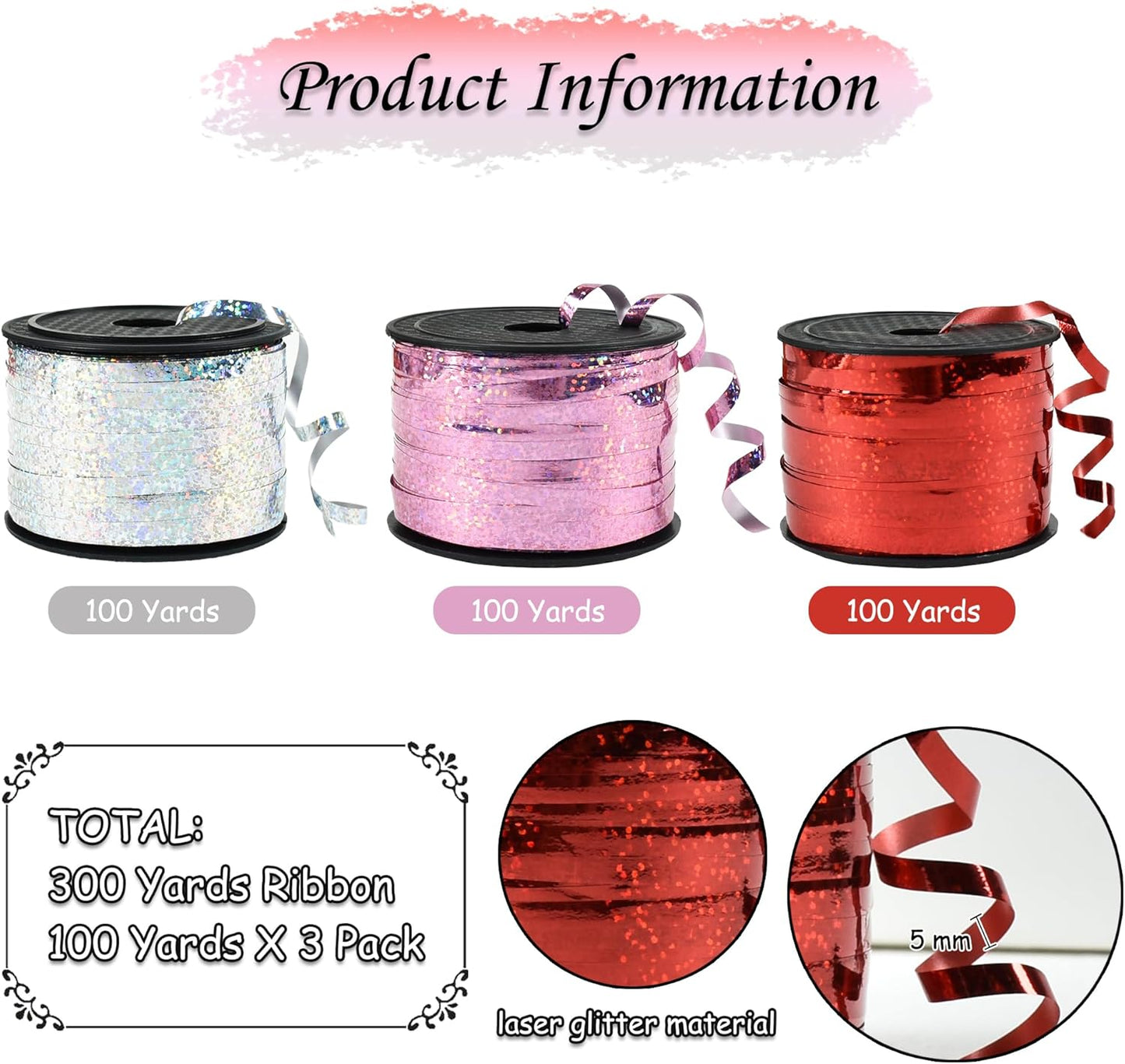 BEISHIDA Red Pink Silver Curling Ribbons Balloon String Ribbons - 3 Pack 100 Yards for Gift
