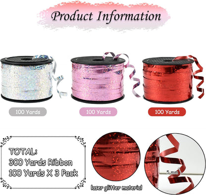 BEISHIDA Red Pink Silver Curling Ribbons Balloon String Ribbons - 3 Pack 100 Yards for Gift