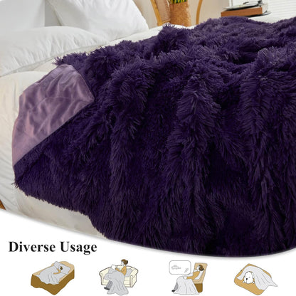 XeGe Plush Faux Fur Throw, Dark Purple Luxurious 50x60 Shaggy Furry Blanket, Thick Fluffy