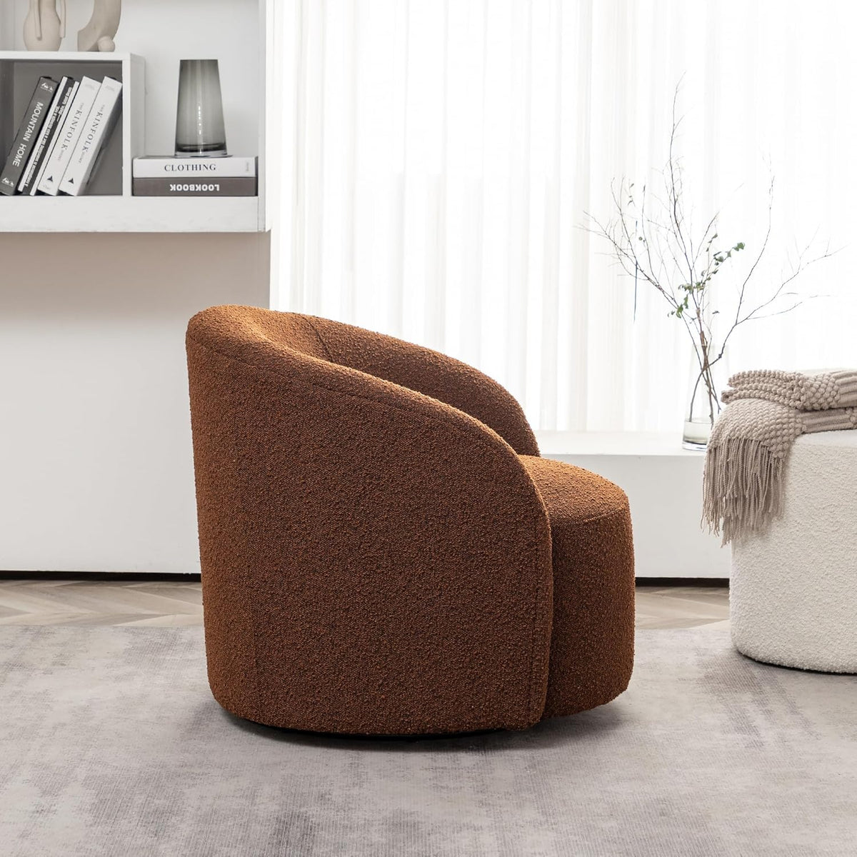 KINWELL 34" W Mid Century Modern Swivel Barrel Chair, Round Upholstered Boucle Swivel Accent
