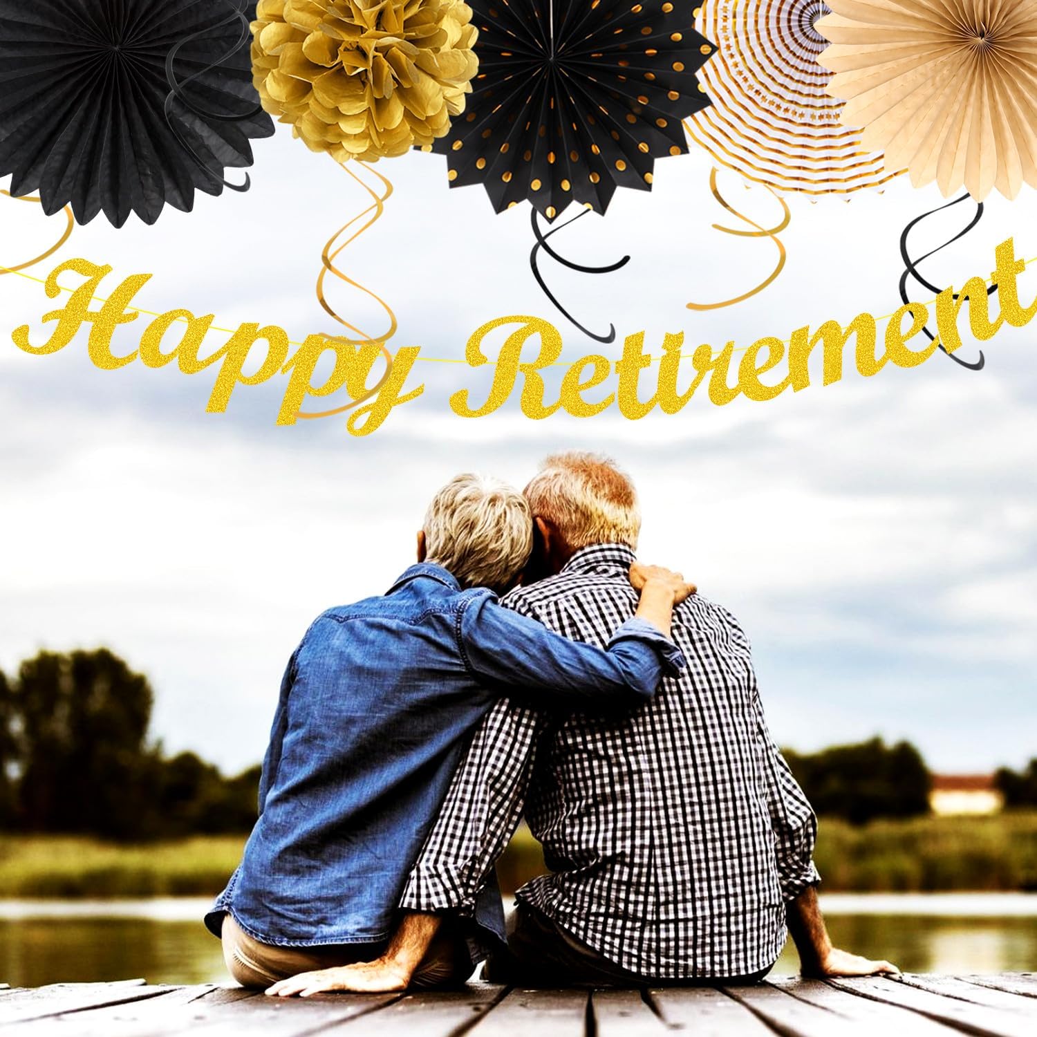 Black Gold Women-Men Happy-Retirement Party-Decorations - 21pcs Celebration Banner,Paper Streamers