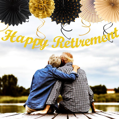 Black Gold Women-Men Happy-Retirement Party-Decorations - 21pcs Celebration Banner,Paper Streamers