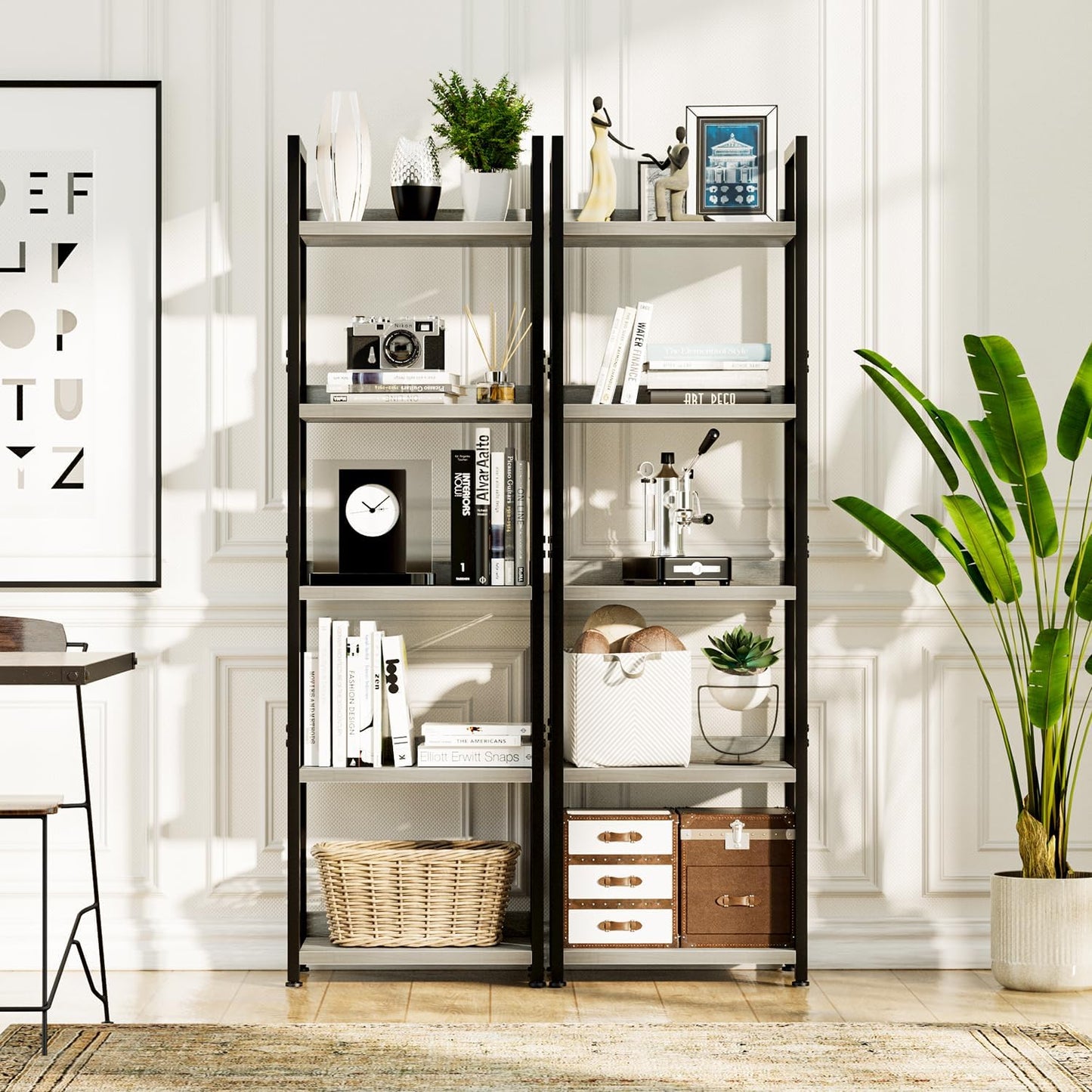 NUMENN Narrow Bookshelf, 5 Tier Bookshelves, Home Office Bookcase Shelf Storage Organizer, Free