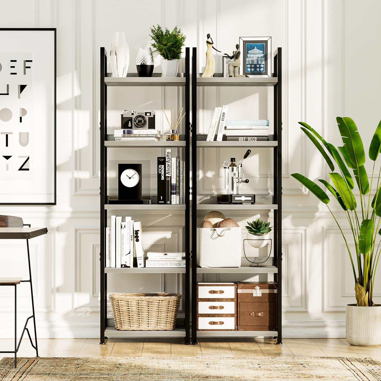 NUMENN Narrow Bookshelf, 5 Tier Bookshelves, Home Office Bookcase Shelf Storage Organizer, Free