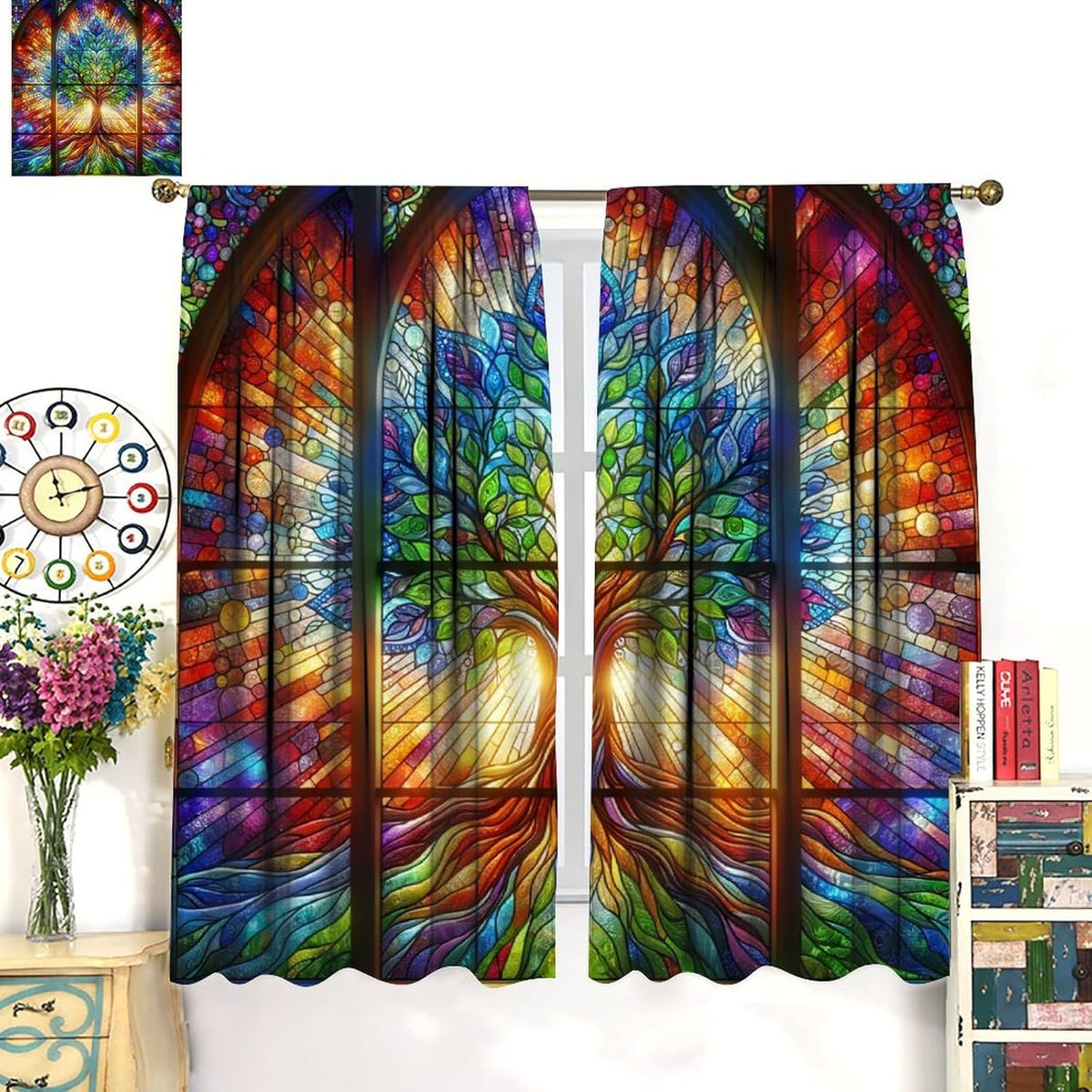 Stained Glass Curtains,Tree of Life Colorful Abstract Art Home Decor Drapes for Bedroom Living Room