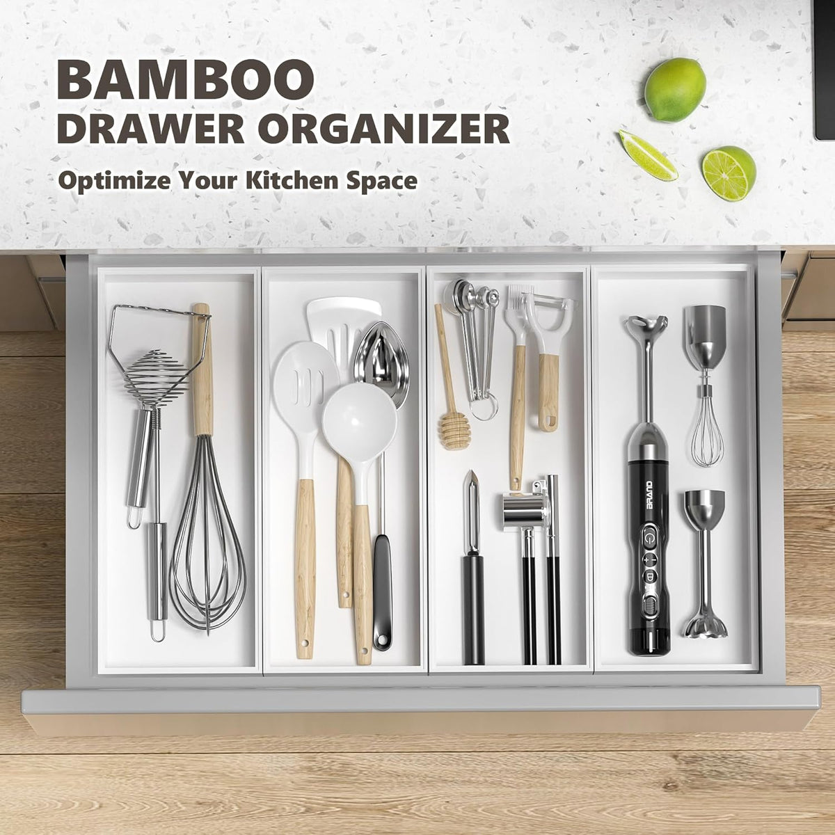Kitchen Drawer Organizer Bins, Stackable Deep Bamboo Drawer Organizer for Silverware, Utensils