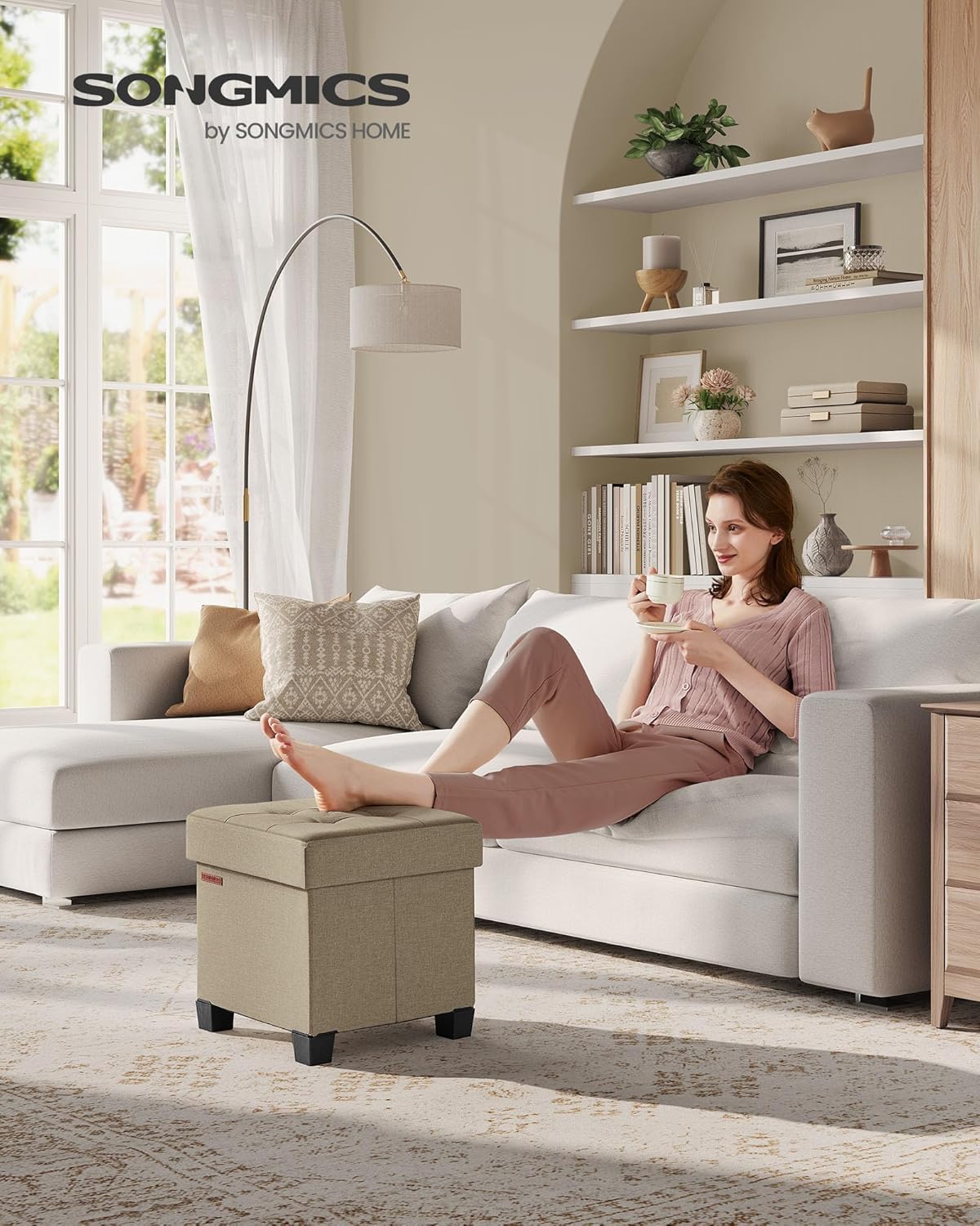 SONGMICS Storage Ottoman, Small Ottoman Foot Rest with Legs, 15 x 15 x 15.7 Inches Foot Stool, Load