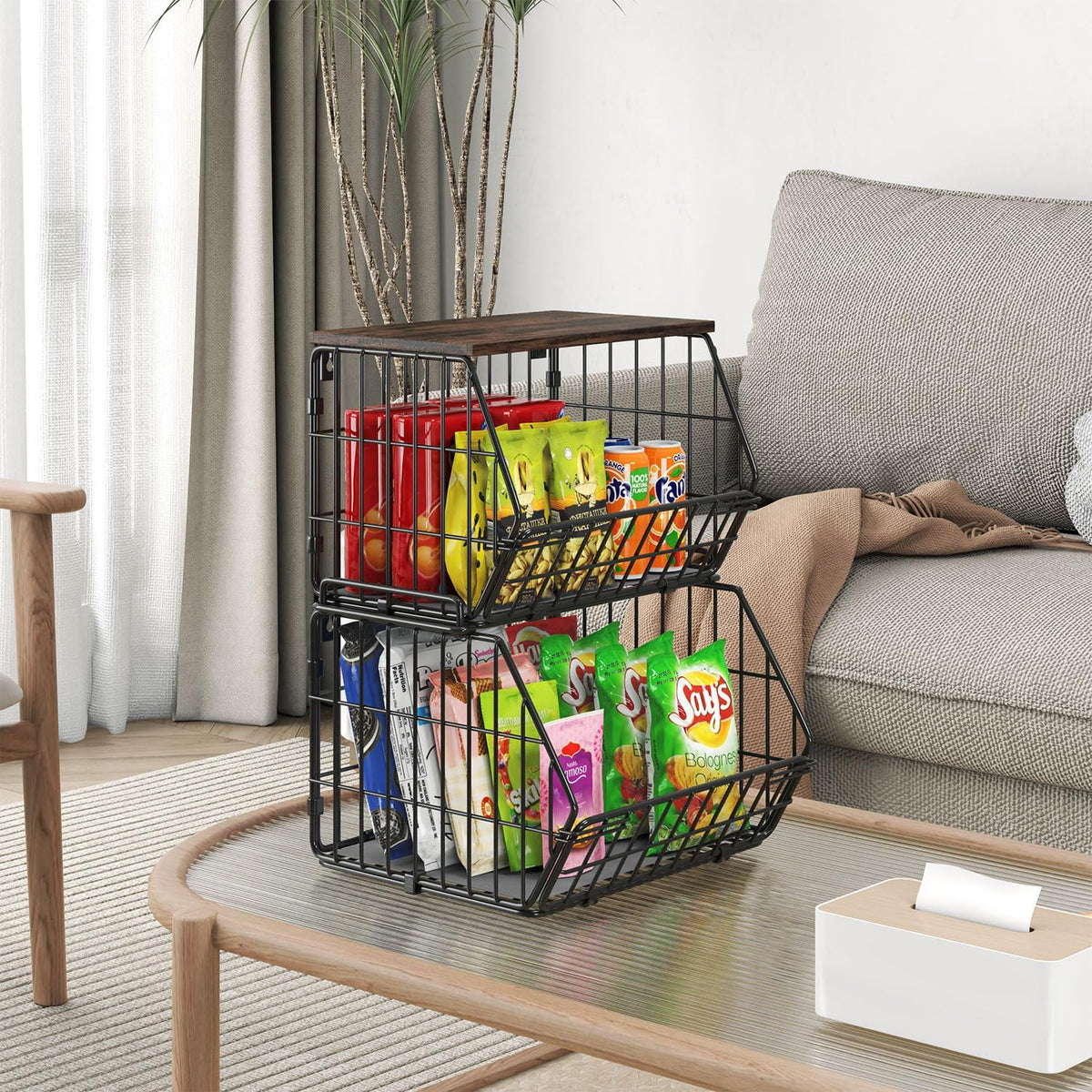 Wetheny 2 Tier Stackable Wall Mounted Wire Basket Fruit Basket with Wood Lid - Kitchen Pantry