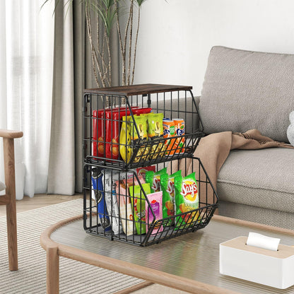 Wetheny 2 Tier Stackable Wall Mounted Wire Basket Fruit Basket with Wood Lid - Kitchen Pantry