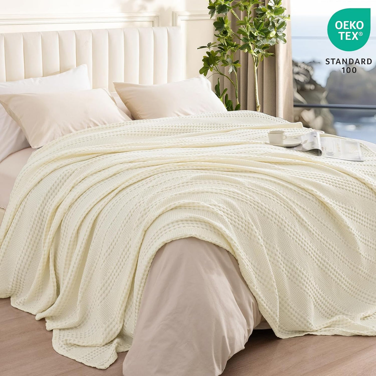 PHF Cooling Waffle Blanket Twin Size, Lightweight 60% Rayon Derived Bamboo & 40% Cotton Breathable