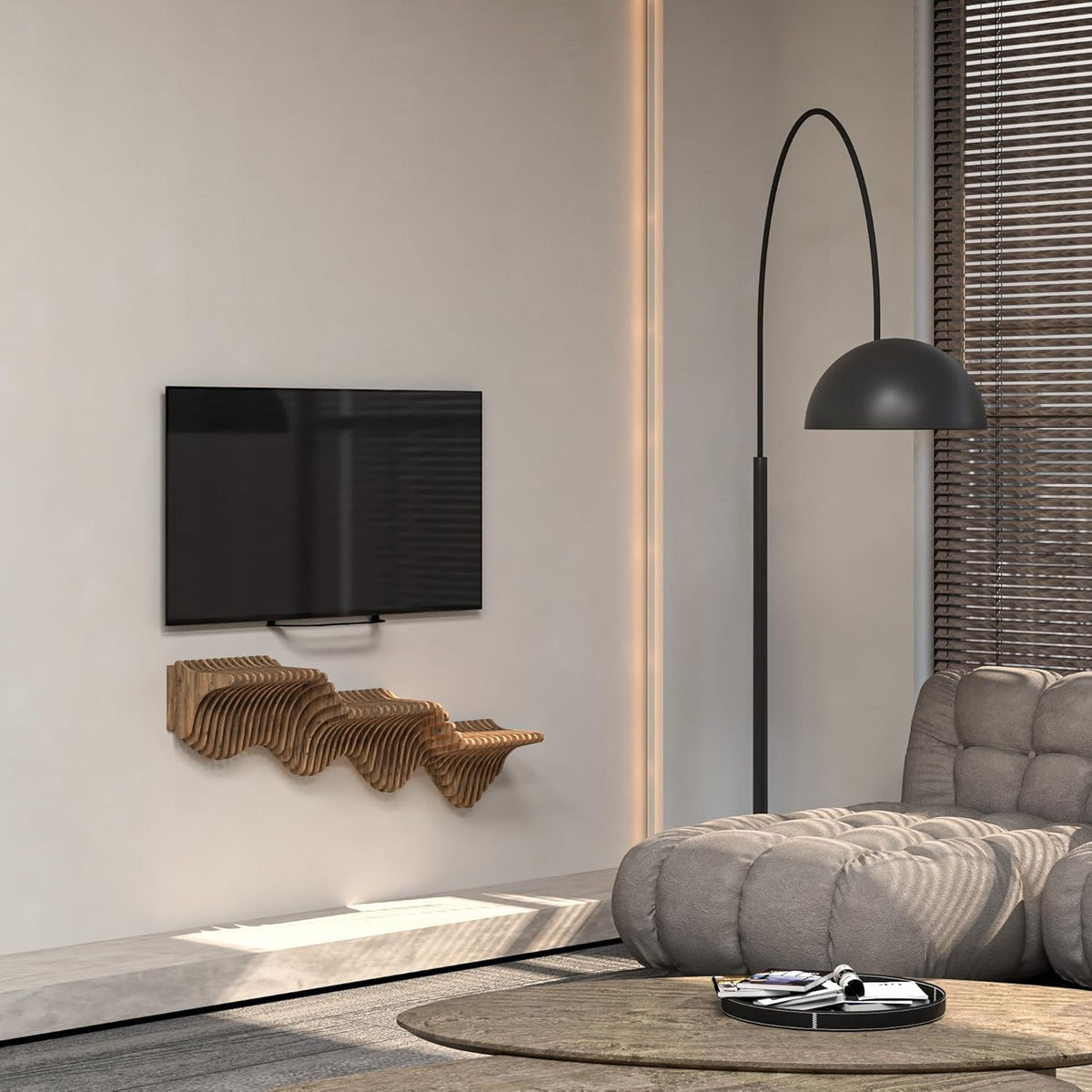 Parametric 40 inch Floating Shelf TV Unit Modern Geometric Wooden Wall Piece Decor Natural Oak