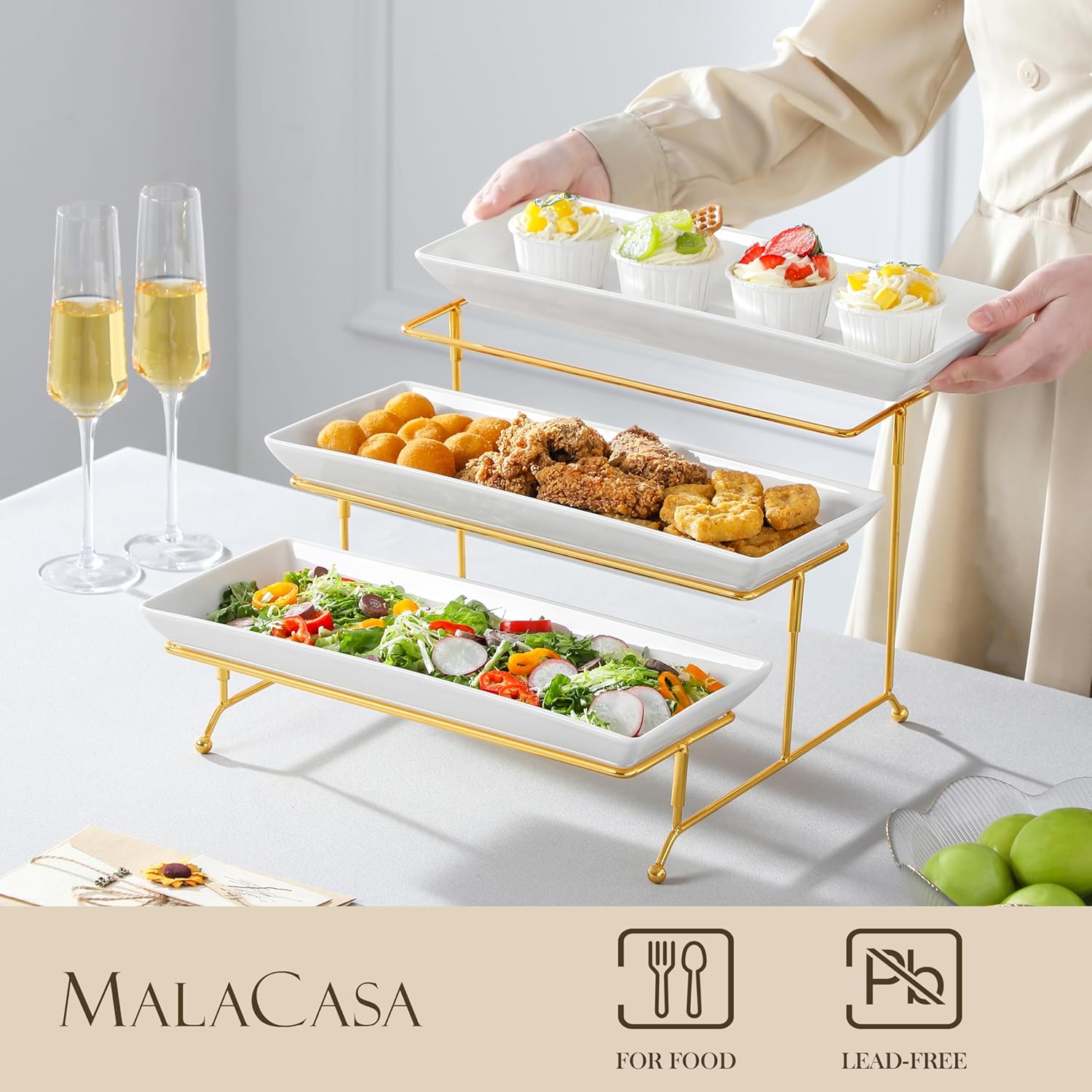 MALACASA 3 Tier Serving Trays for Party, 14 Inch Porcelain White Trays for Serving Food, Dessert