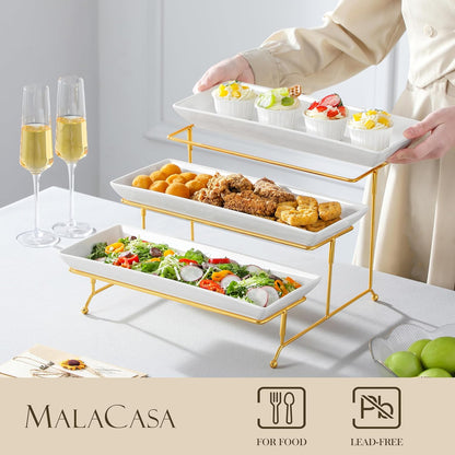 MALACASA 3 Tier Serving Trays for Party, 14 Inch Porcelain White Trays for Serving Food, Dessert