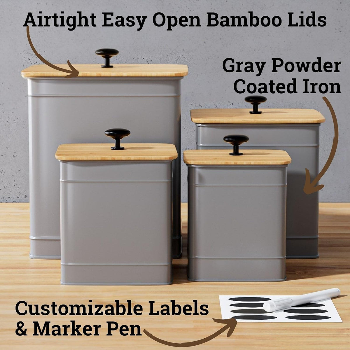 Kitchen Canisters for Countertop Set of 4 with Customizable Chalkboard Labels & Marker Pen - Big