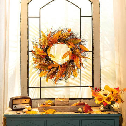Fall Wreath for Thanksgiving Decorations 24inch - Walasis Large Wheat Wreaths for Front Door