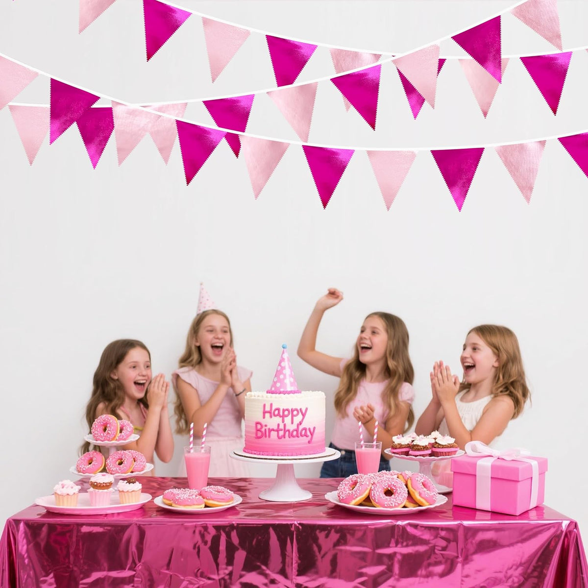 Hot Pink Party Decorations Metallic Fabric Gradient Pink Triangle Pennant Banner Flag Bunting