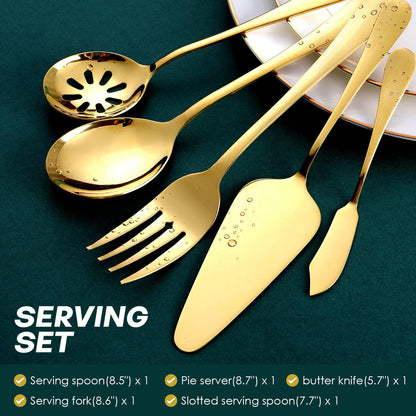 Gold Silverware Set for 8, OGORI 45-Piece Stainless Steel Flatware Set with Serving Set, Mirror