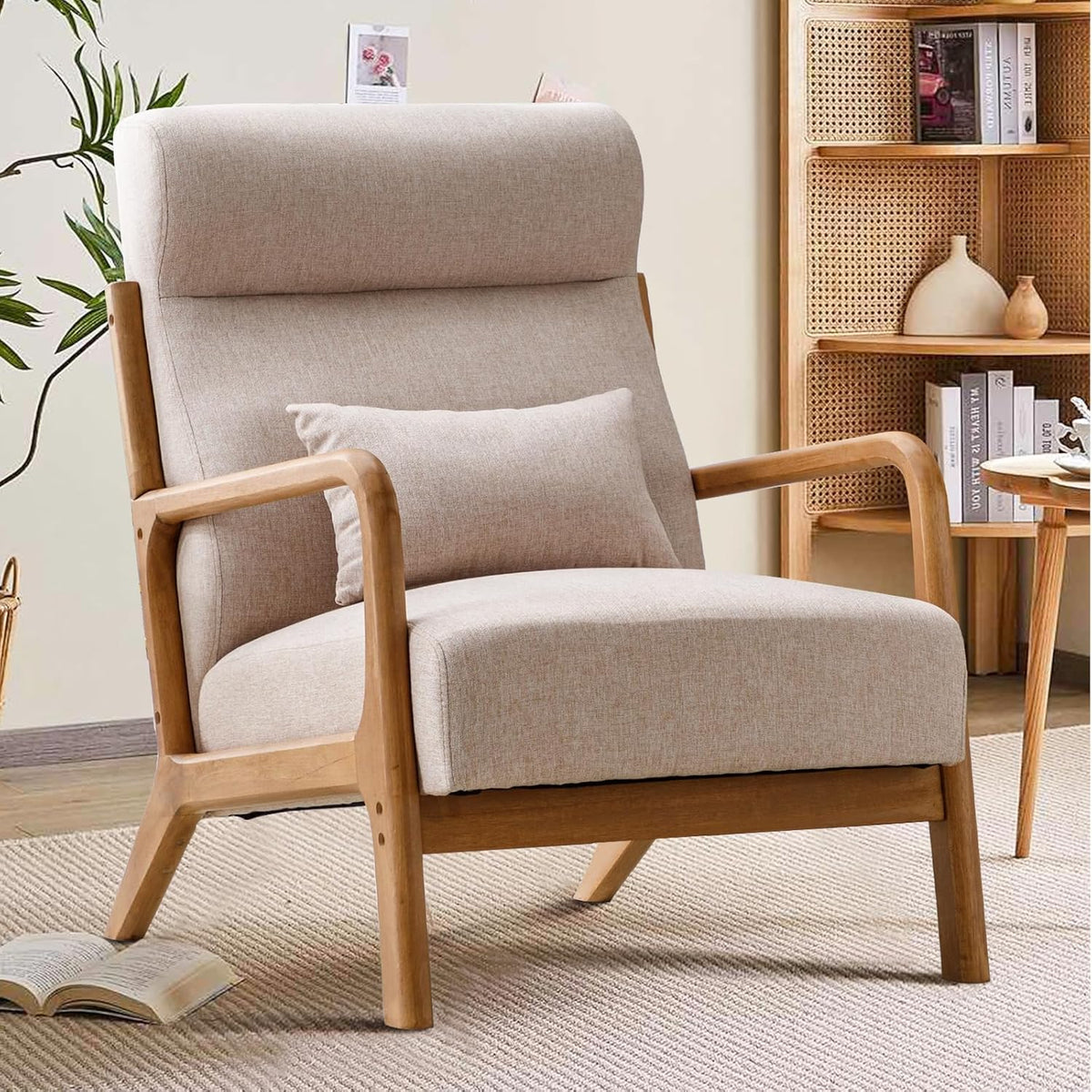 INZOY Mid Century Modern Accent Chair with High Back, Upholstered Living Room Chairs with Waist