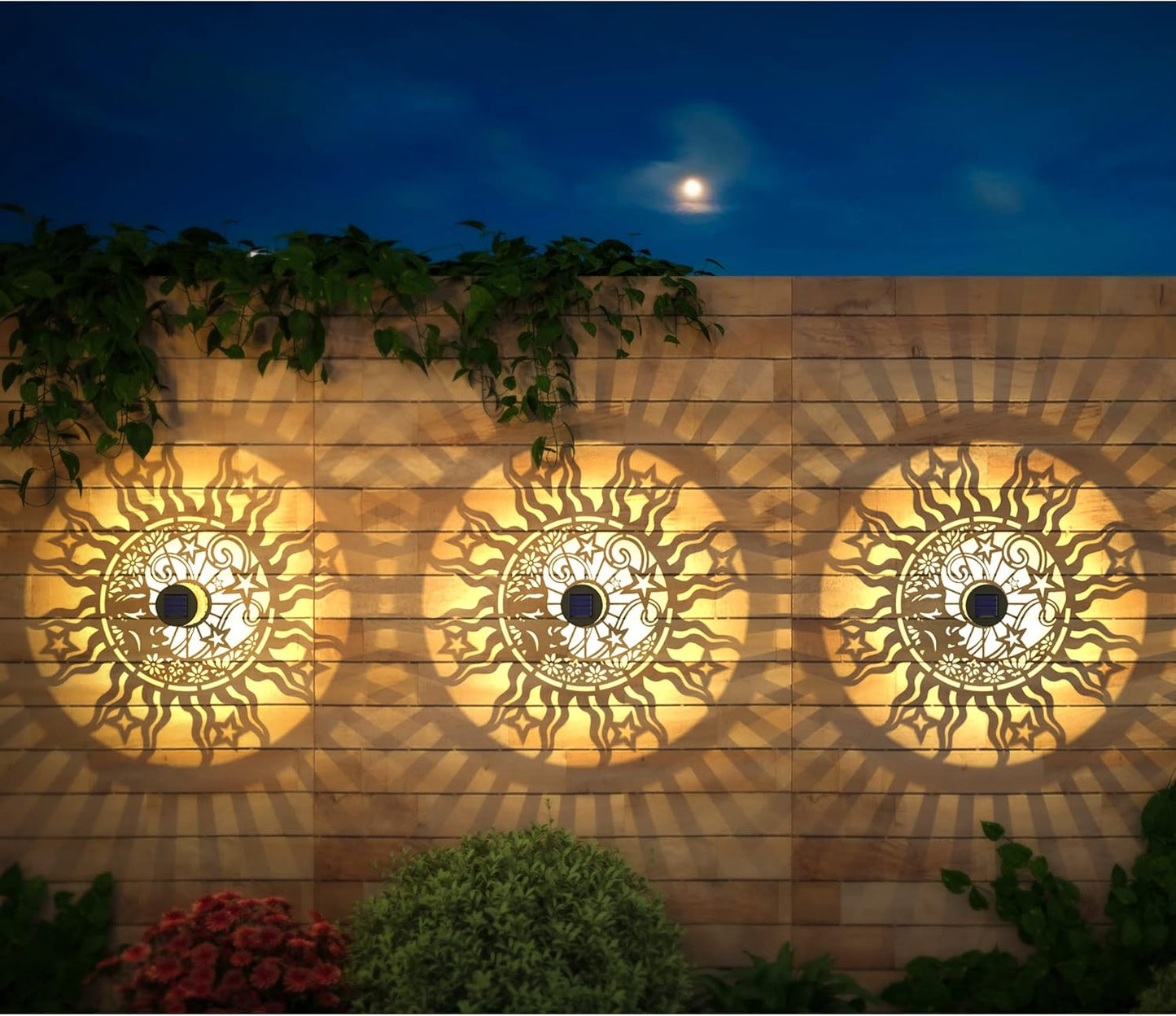 4 Pack Solar Fence Lights Metal Solar Powered Outdoor Wall Deck Lights Sun Moon Theme Waterproof