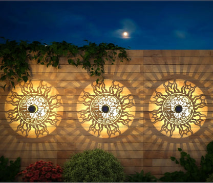 2 Pack Solar Fence Lights Metal Solar Powered Outdoor Wall Deck Lights Sun Moon Theme Waterproof