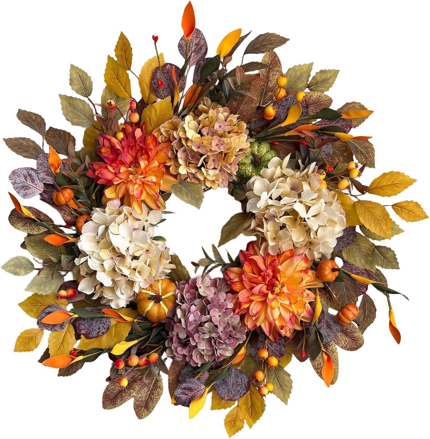 24Inch Fall Wreaths for Front Door,Fall Wreath with Beige Hydrangea,Orange Dahlia Artificial