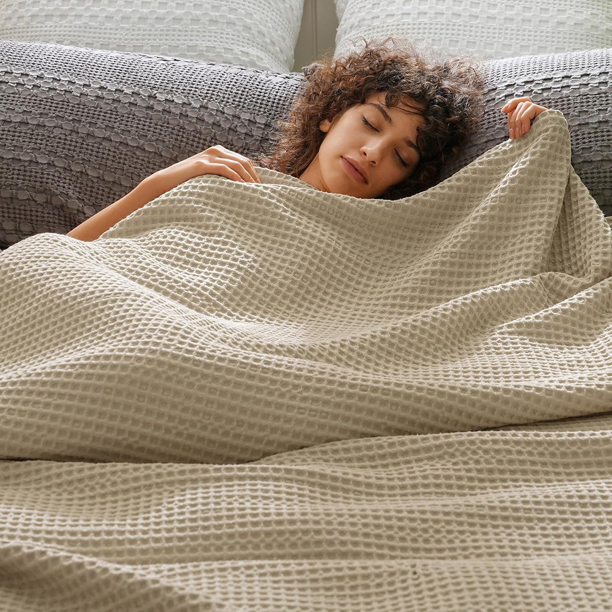 PHF Ultra Soft Waffle Weave Blanket Queen Size 90"x 90"- Washed Lightweight Breathable Cozy Woven