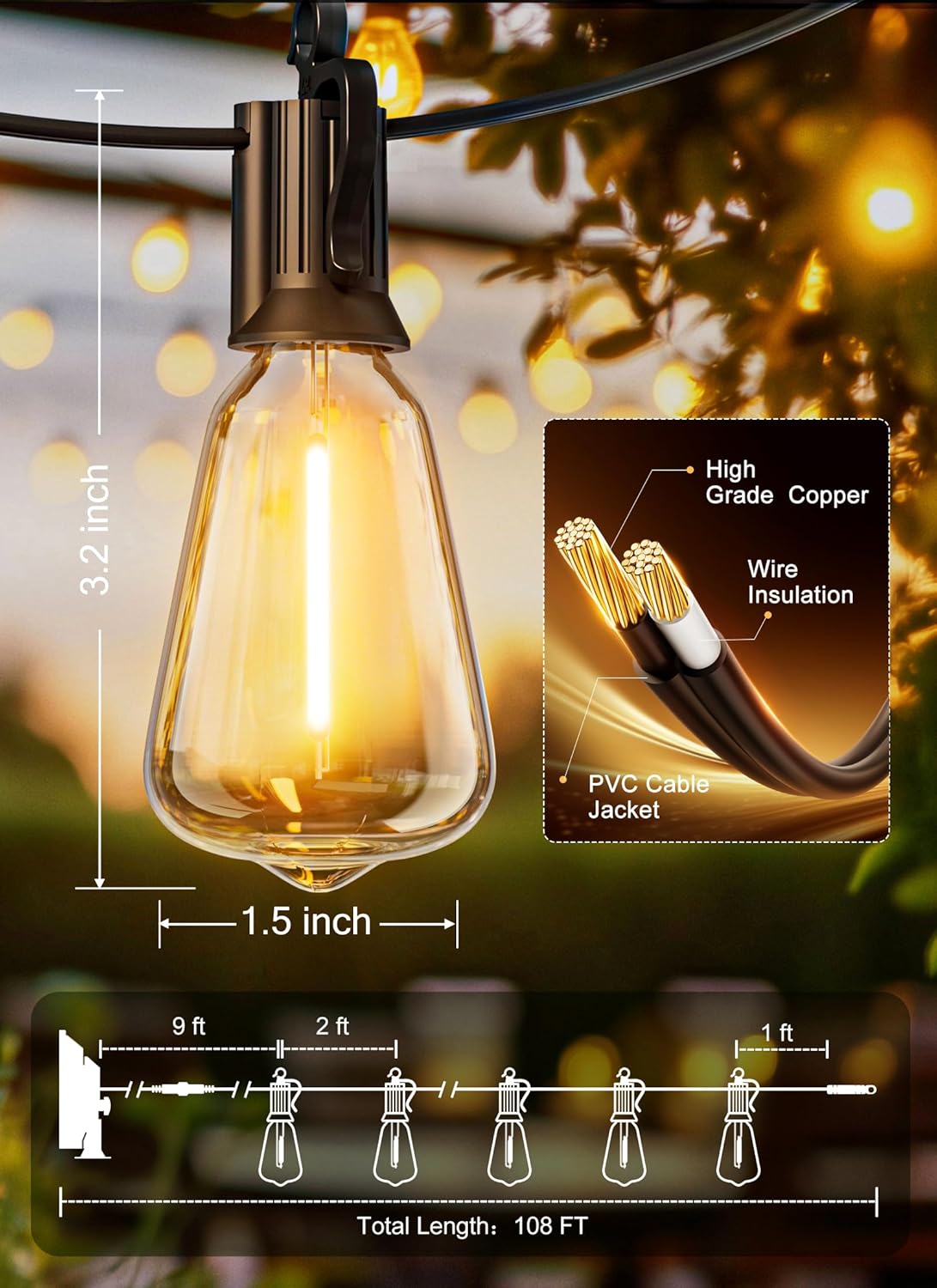 Brightown Solar Lights Outdoor Waterproof 108FT with 50 Shatterproof ST38 LED Bulbs, 2700K Solar