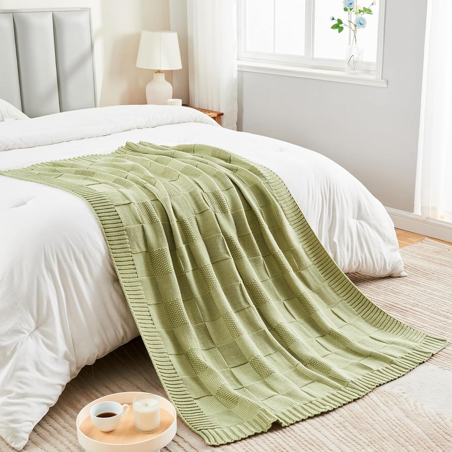 CozeCube Check Knit Throw Blanket, Sage Green Checkered Throw for Couch, Decorative Christmas Soft