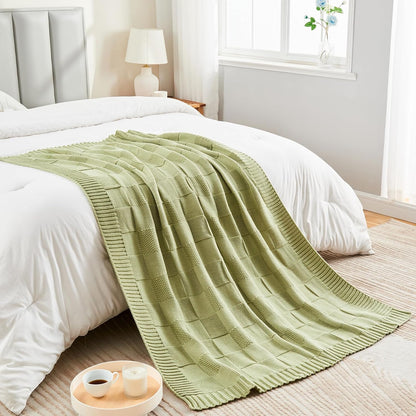 CozeCube Check Knit Throw Blanket, Sage Green Checkered Throw for Couch, Decorative Christmas Soft