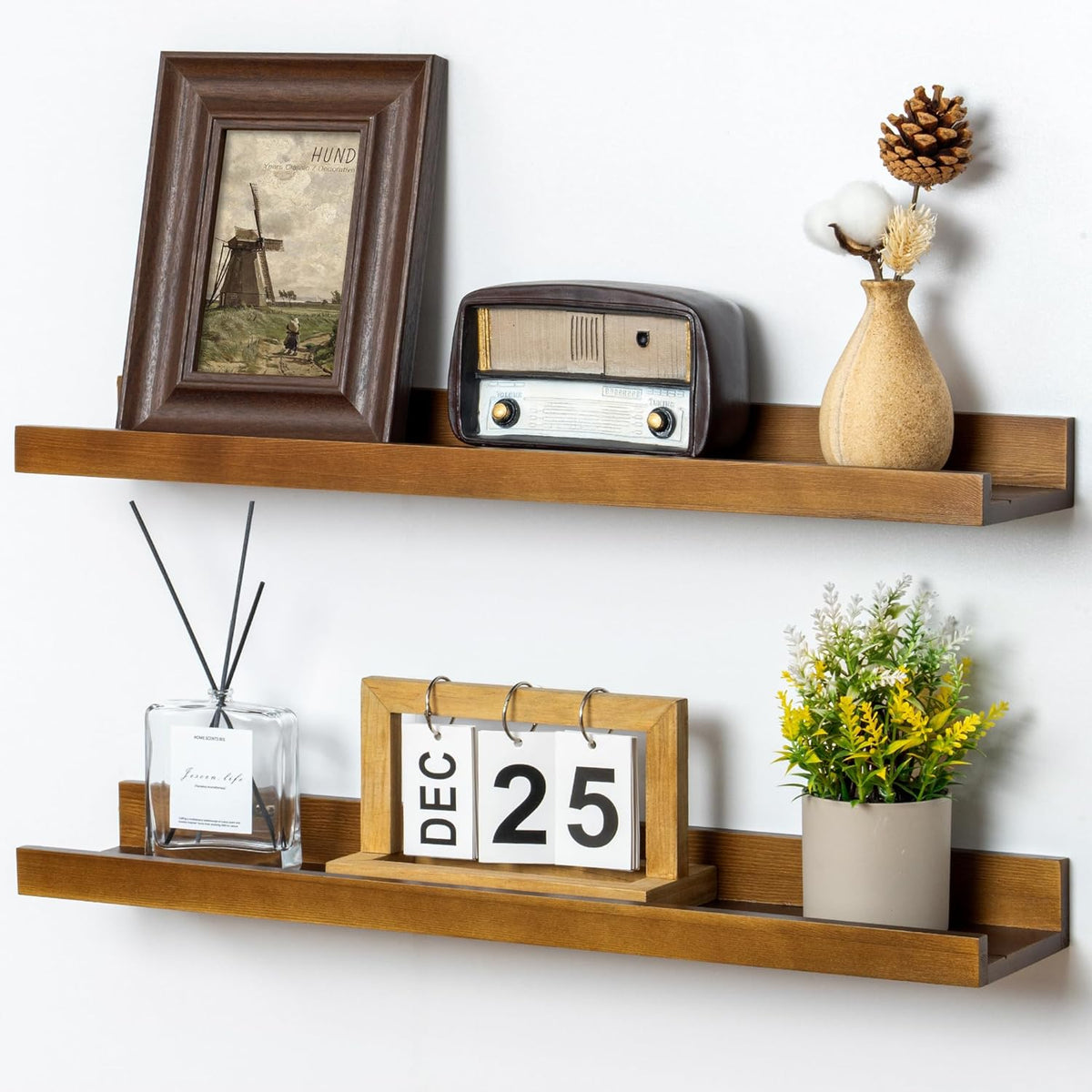 Picture Ledge Wall Shelves 24 inch Width Set of 2, Solid Pine Wood Rustic Floating Ledge Shelves