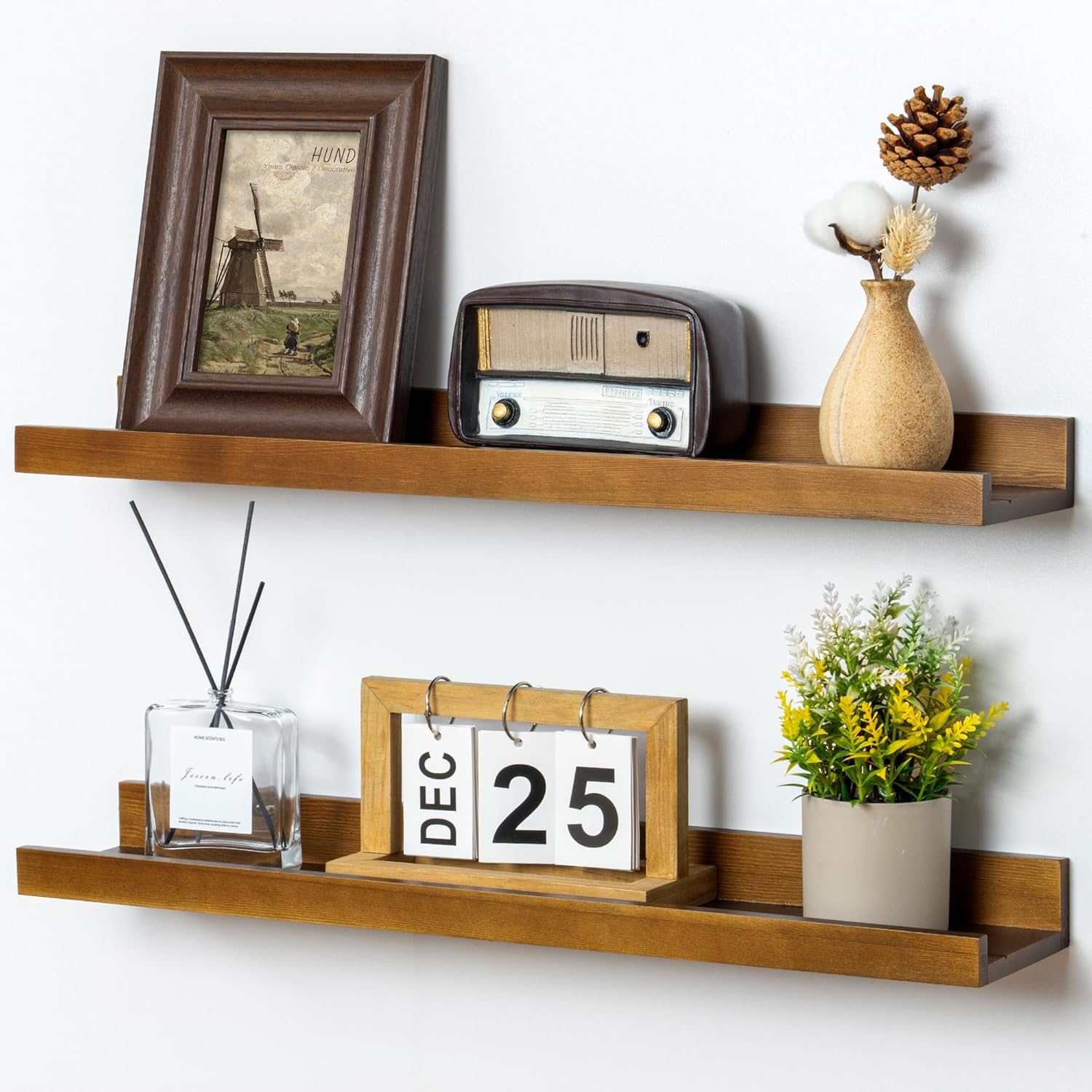Picture Ledge Wall Shelves 24 inch Width Set of 2, Solid Pine Wood Rustic Floating Ledge Shelves
