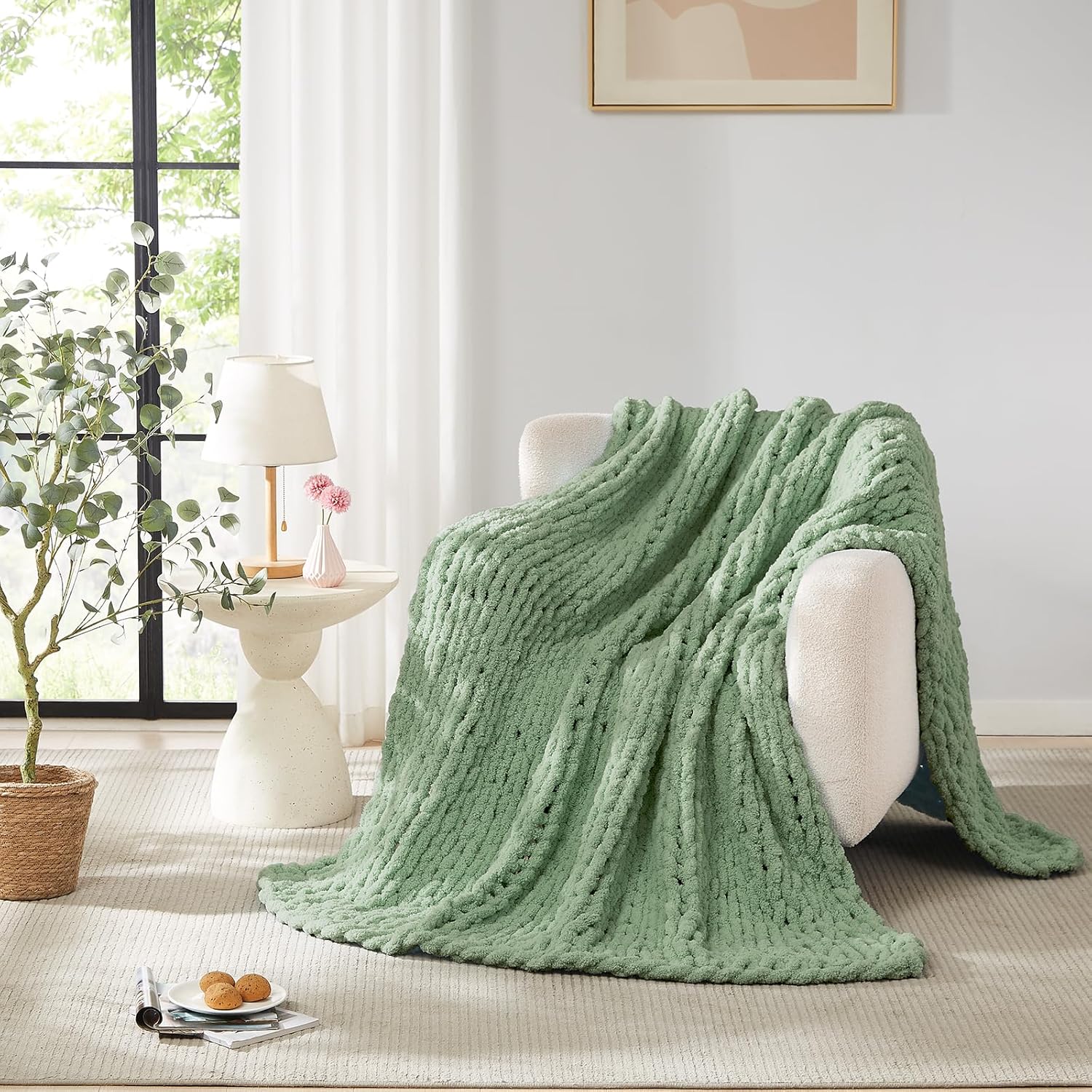 L'AGRATY Chunky Knit Blanket Throw: 72''x84'' Chenille Chunky Knitted Throw Blanket for Bed Couch