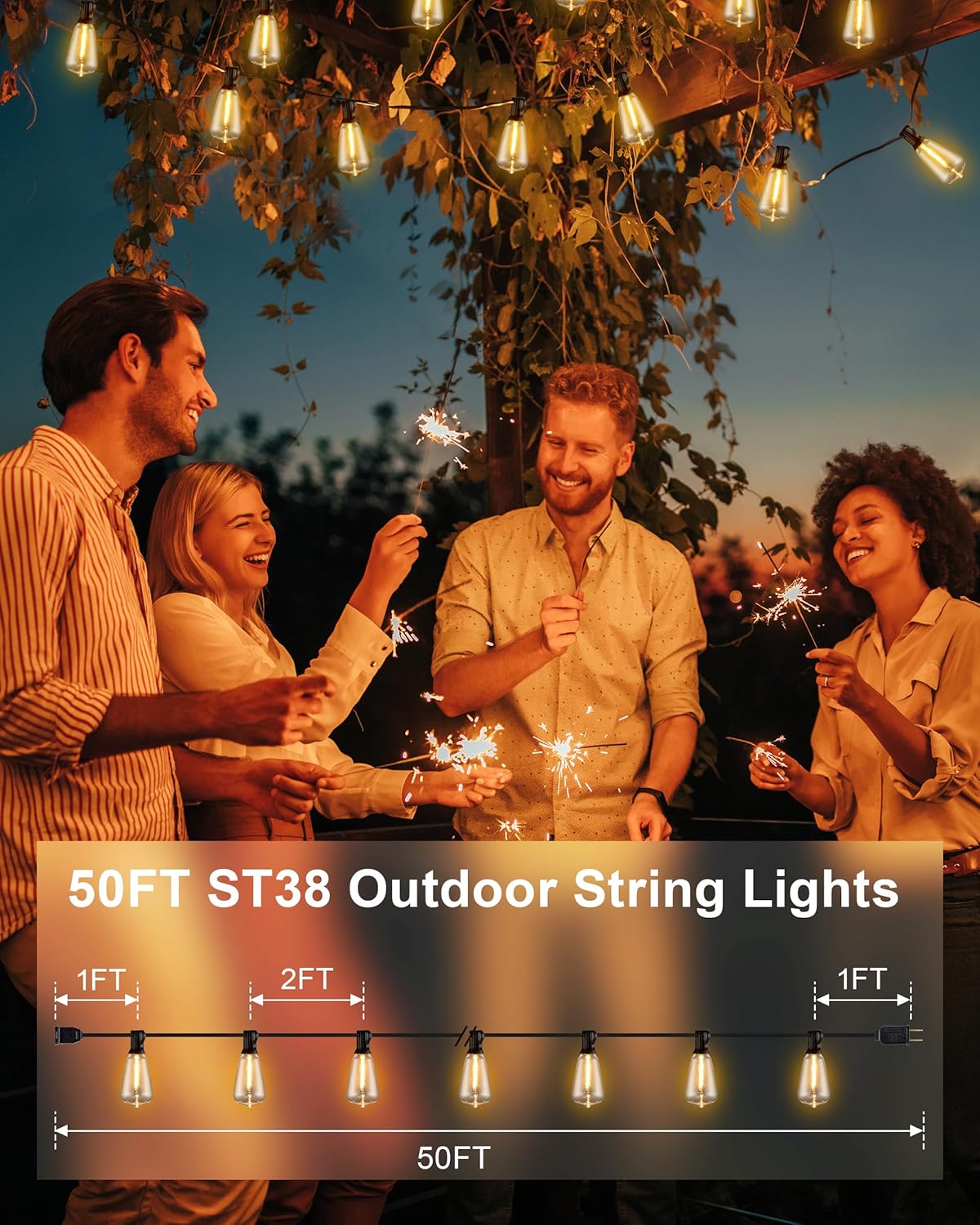 Outdoor String Lights - 50FT LED Patio Lights with 27 Shatterproof Waterproof Bulbs, Connectable