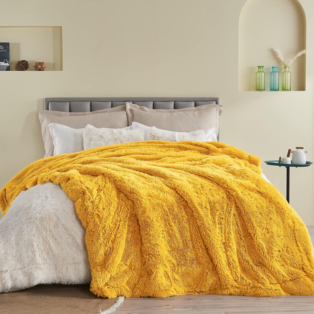 GONAAP Fuzzy Faux Fur Throw Blanket Twin Size Mustard Yellow Super Soft Cozy Plush Fuzzy Shaggy