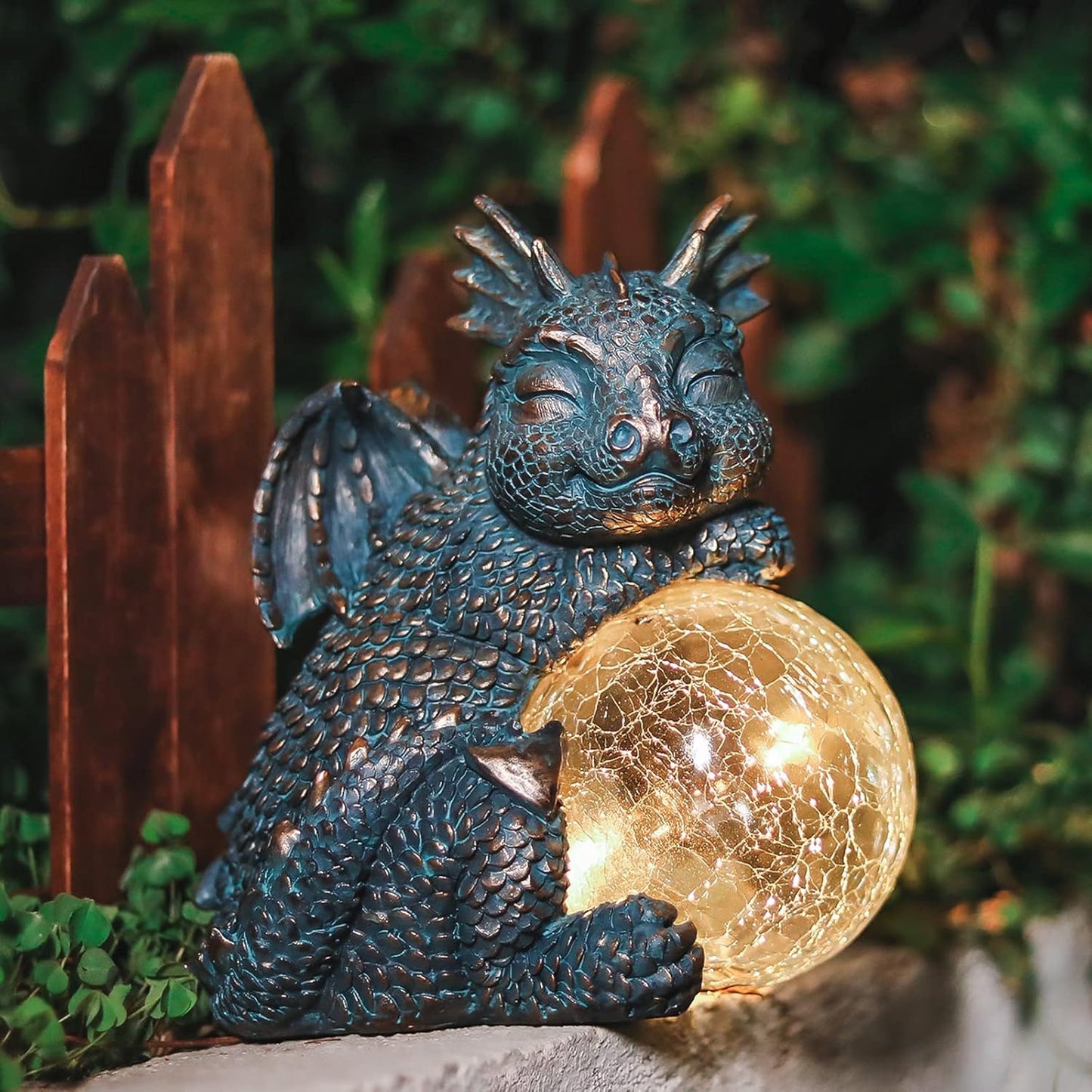 WONDER GARDEN Dragon Statue - Sleeping Dragon Figurines Solar Light Resin Garden Statues with