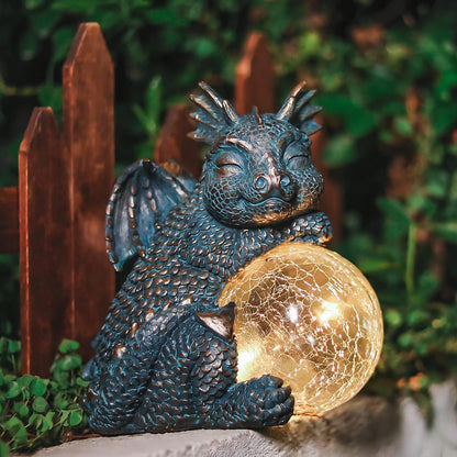 WONDER GARDEN Dragon Statue - Sleeping Dragon Figurines Solar Light Resin Garden Statues with