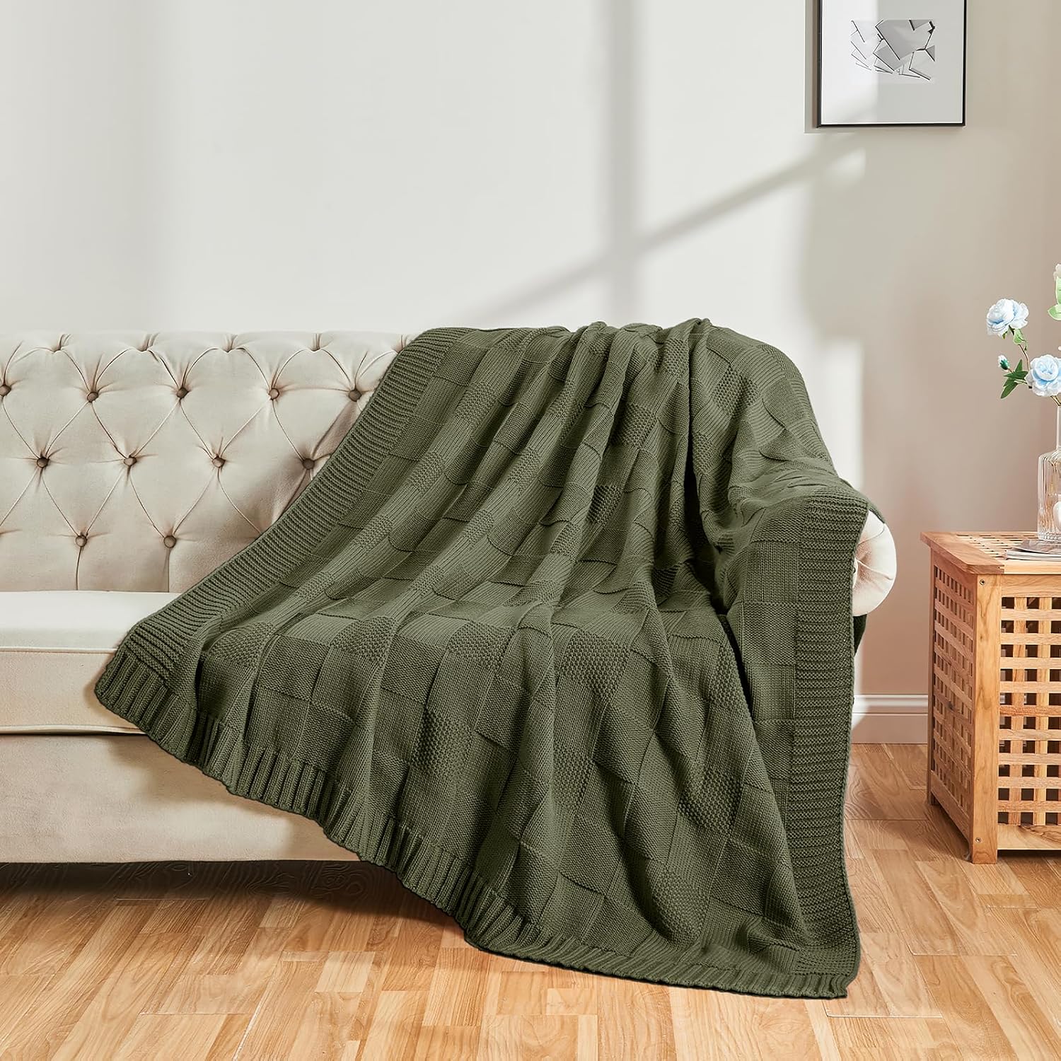 CozeCube Check Knit Throw Blanket, Olive Green Checkered Throw for Couch, Decorative Christmas Soft