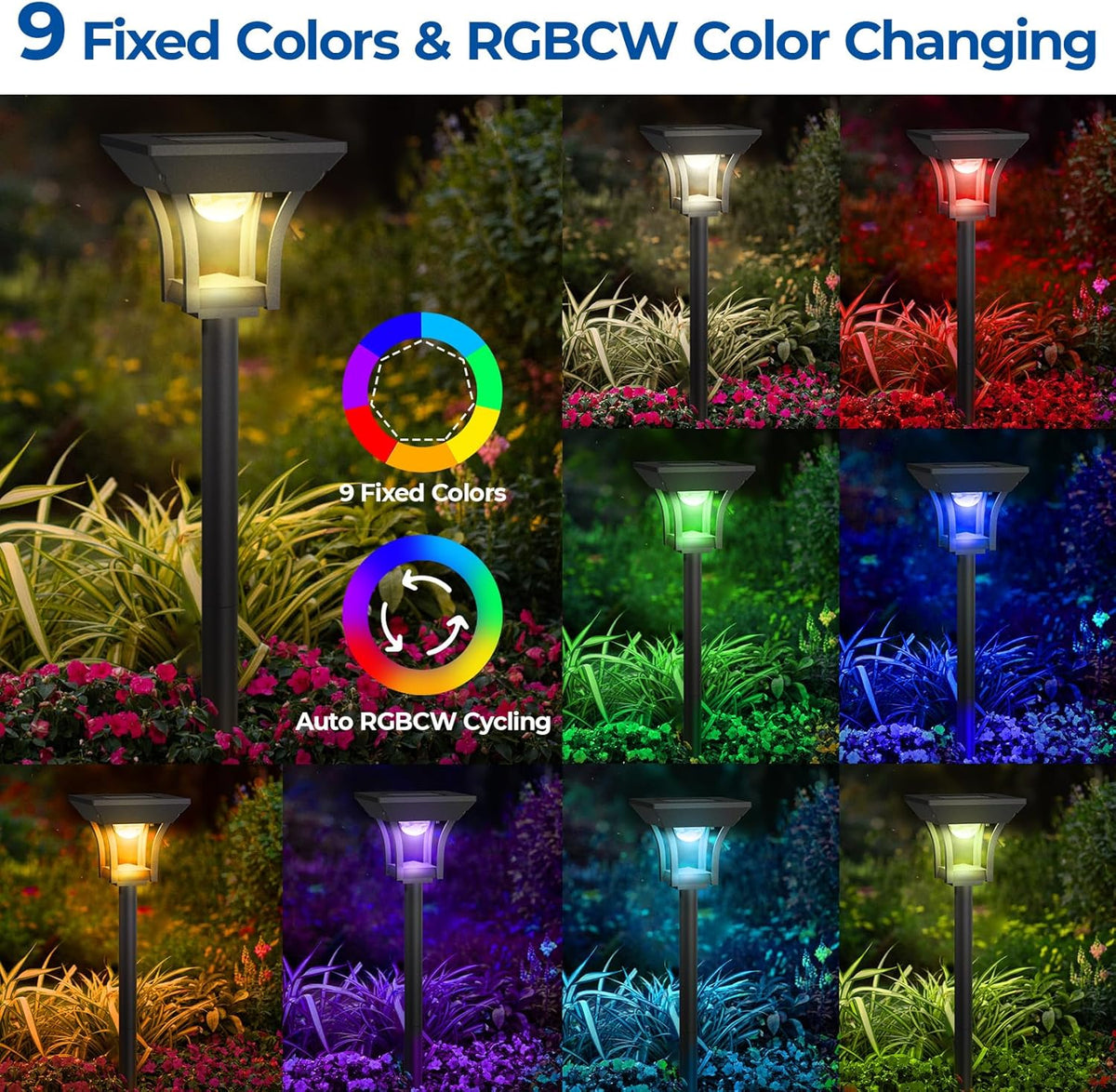 CINOTON 6 Pack RGBCW Solar Pathway Outdoor Lights, 3 Lighting Modes Solar LED Garden Light, IP65