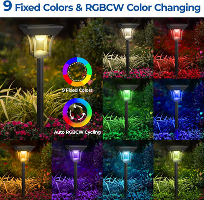 CINOTON 6 Pack RGBCW Solar Pathway Outdoor Lights, 3 Lighting Modes Solar LED Garden Light, IP65
