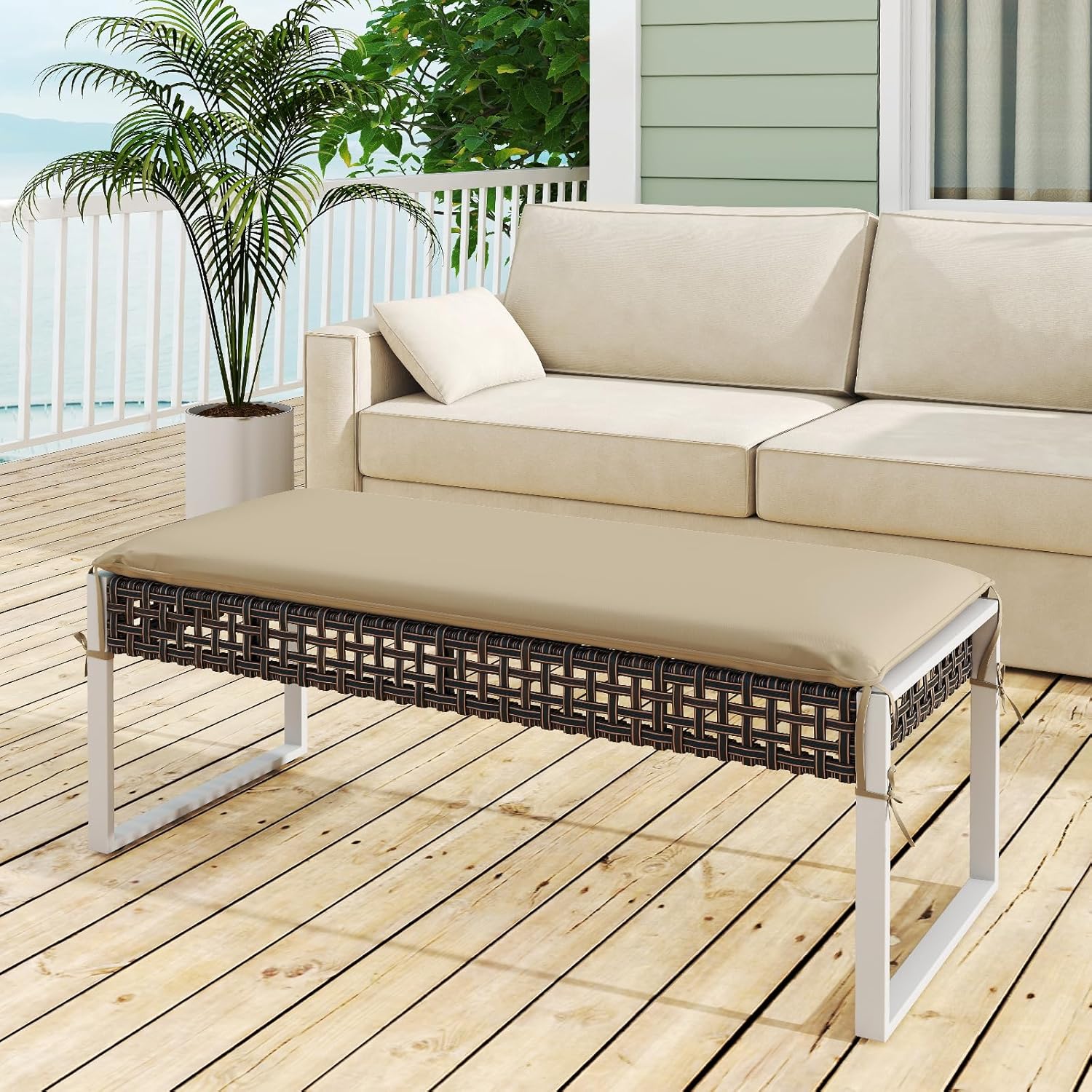 Tangkulka Outdoor Ottoman, Patio Rattan Heavy Duty Wicker Footrest with Soft Cushion & Metal Frame