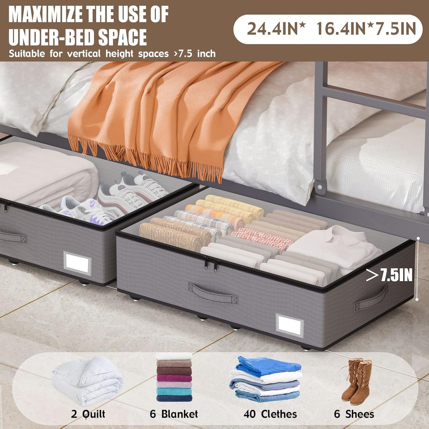 Under Bed Storage with Wheels, No Assemble Required 7.5 inches height Under Bed Storage bins,Large
