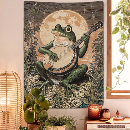 Lunerfex Moonlit Banjo Frog Wall Tapestry, Whimsical Amphibian Musician Tapestries for Room Decor
