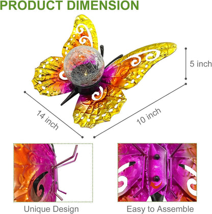 Solar Lights Outdoor Garden Butterfly Decor, Metal Butterfly Statue Decoration with LED Crackle