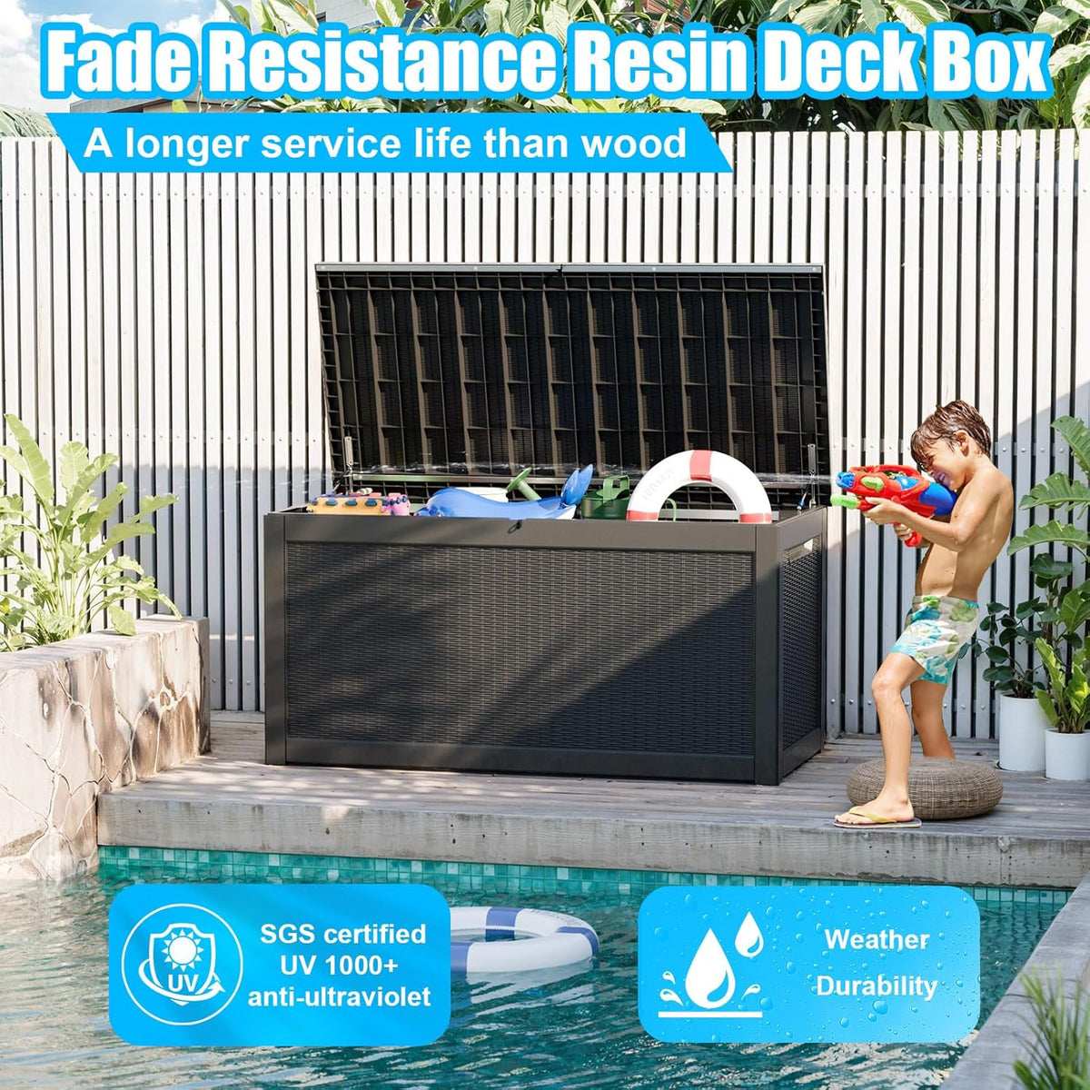 260 Gallon Large Resin Deck Box, Lockable Outdoor Storage Box for Patio Cushions Storage