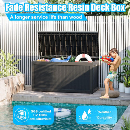 260 Gallon Large Resin Deck Box, Lockable Outdoor Storage Box for Patio Cushions Storage