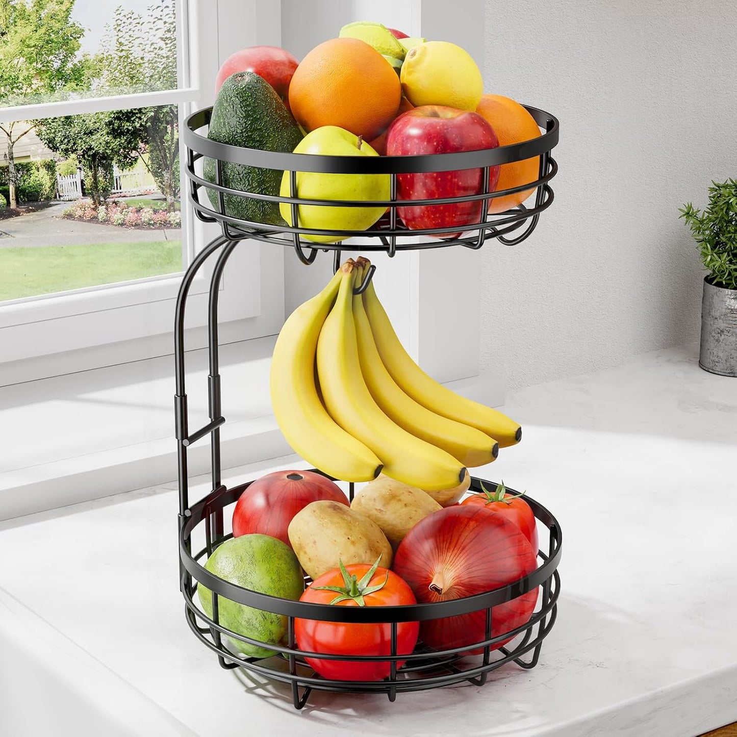 Fruit Basket for Kitchen Counter - 2-Tier Large Capacity Fruit Bowl with Detachable Banana Hanger